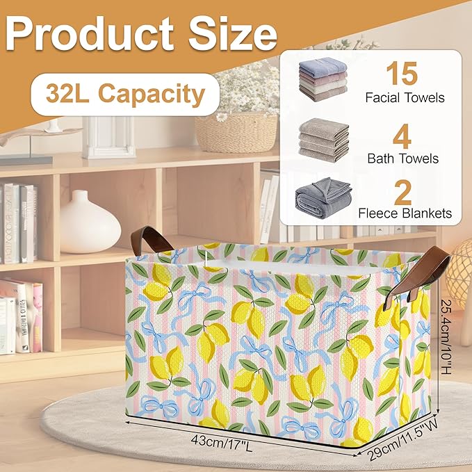 32L Large Storage Bins with Handles Watercolor Fruit Basket Organizer for Shelves Closet Books Laundry &amp Home Decor (Lemons)