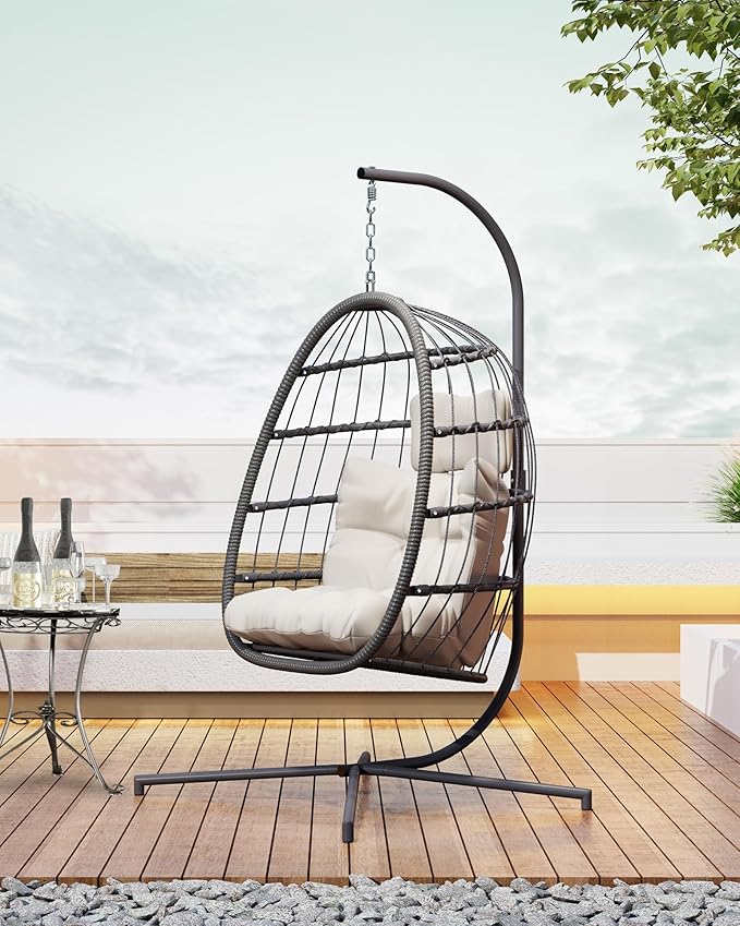 HWB Hanging Egg Chair with Stand Patio Wicker Egg Swing Chair with Cushion for Bedroom Garden Indoor Outdoor (Beige)