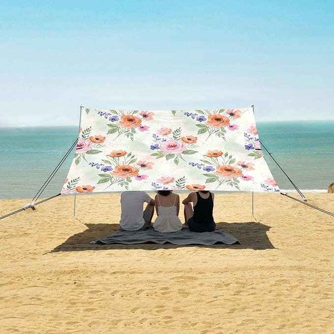 Wildflowers Beach Canopy Sun Shelter with Sandbags &amp Sand Shovel &amp Windproof Ropes - Portable 110x126 Beach Shade Beach Tent for Camping Picnics