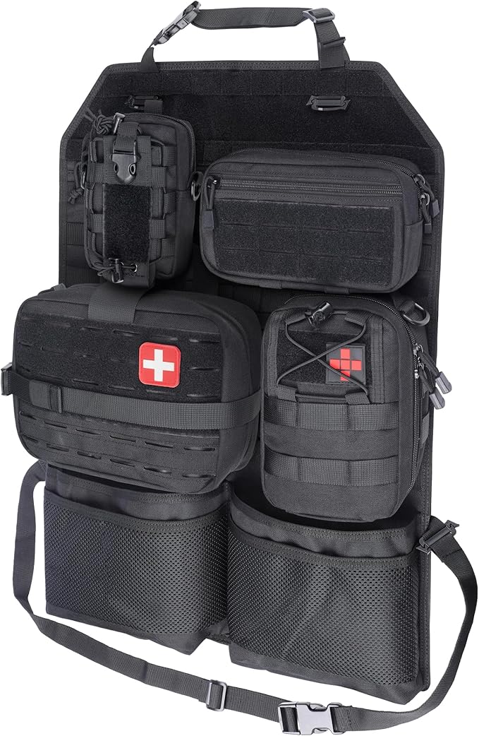 WYNEX Tactical Car Seat Back Organizer Set Vehicle Accessories Molle Panel wtih Detachable 4 Molle Pouches - First Aid EDC Admin Storage Bag for Road Trips Fits Most Cars SUVs Pickups Trucks