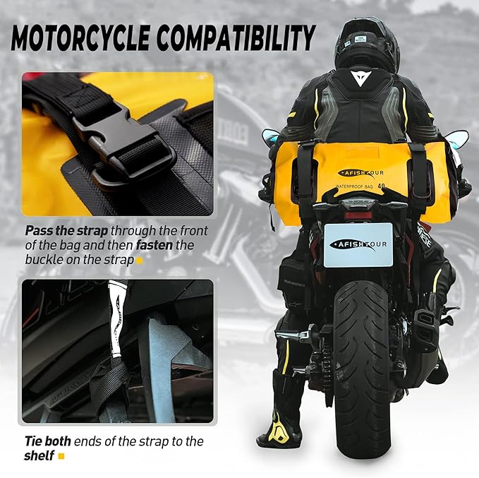 40L Waterproof Motorcycle Duffel Bag - Motorcycle Luggage Tail Bag with Straps for Back Seat - Roll Top Dry Bag for Kayaking Rafting Boating Camping Travel Beach (Yellow)
