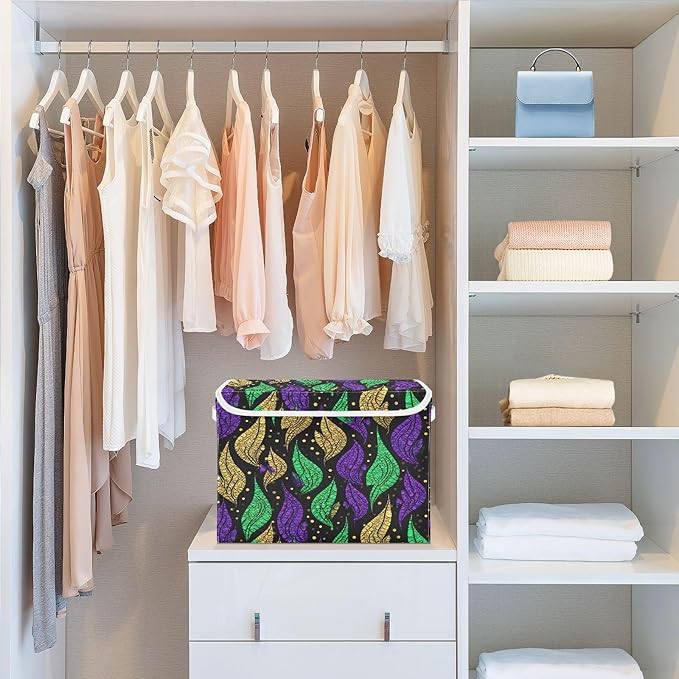 Storage Baskets with Lids Mardi Gras Collapsible Bins Stackable Fabric Linen Baskets Closet Organizer Container 16.5x12.6x11.8