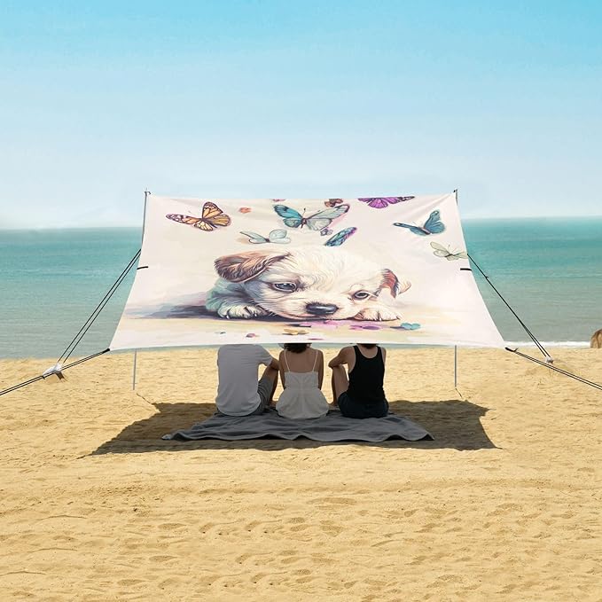 ALAZA Puppy Dog Colorful Butterflies Beach Tent Sun Shelter Portable Canopy Sunshade for Outdoor Camping Picnics Backyard Fun 10x9 ft