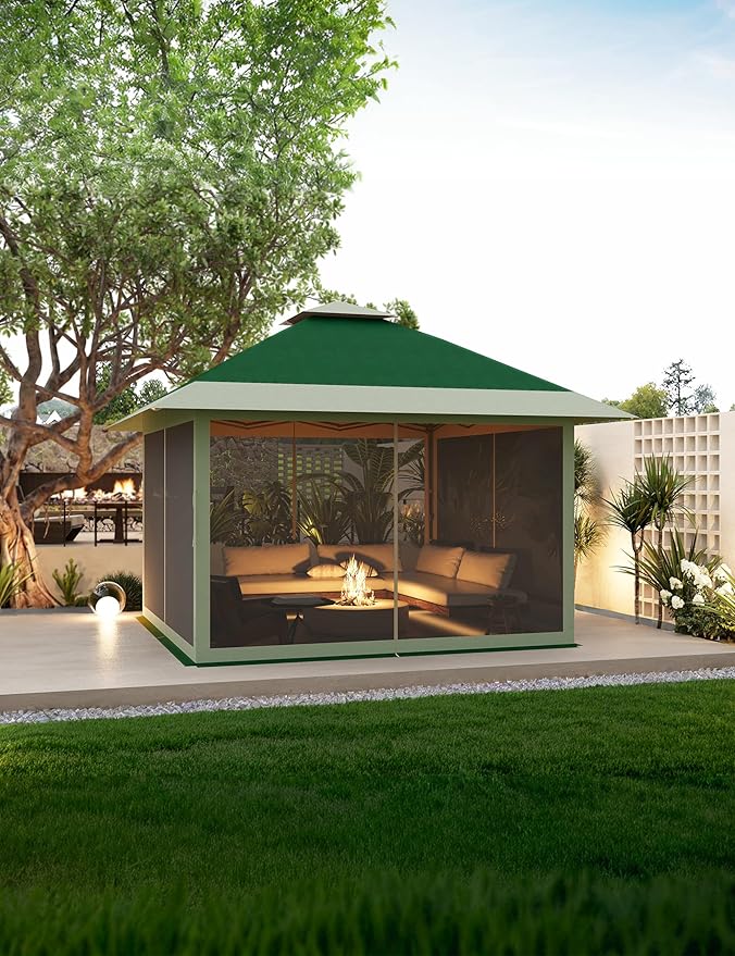 12' x 12' Outdoor Gazebo Heavy Duty Double Roof Patio Gazebo with Netting and Curtains Outdoor Patio Canopy for Deck Backyard Garden Lawns Dark Green &amp Gray