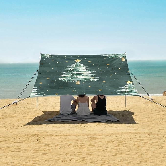ALAZA Christmas Tree Stars Beach Tent Sun Shelter UPF50+ Protection Beach Shade Canopy w/ 4 Sandbags for Outdoor Camping Fishing Backyard Fun Picnic 10x9 ft