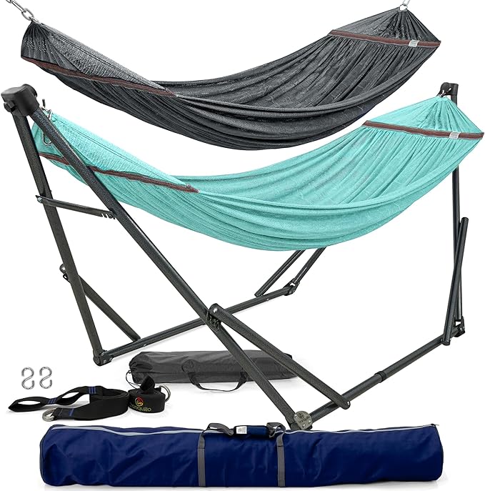 Tranquillo Combo x2 Hammocks with Stand for Outside &amp Tree Straps Heavy Duty Hammock with Stand 600lbs for Indoor Outdoor Patio Backyard x2 Hammocks for 2 Person (Combo - Sky Medium)