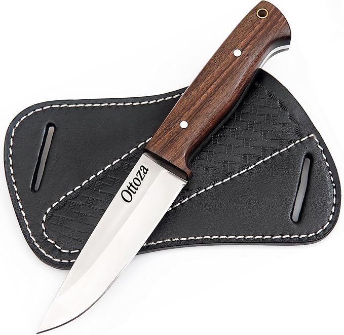 Ottoza Full Tang Bushcraft Knife with 1095 Carbon Steel Fixed Blade - Survival and Outdoor Camping Knife - Black Cross Draw Sheath and Walnut Wood Handle 397