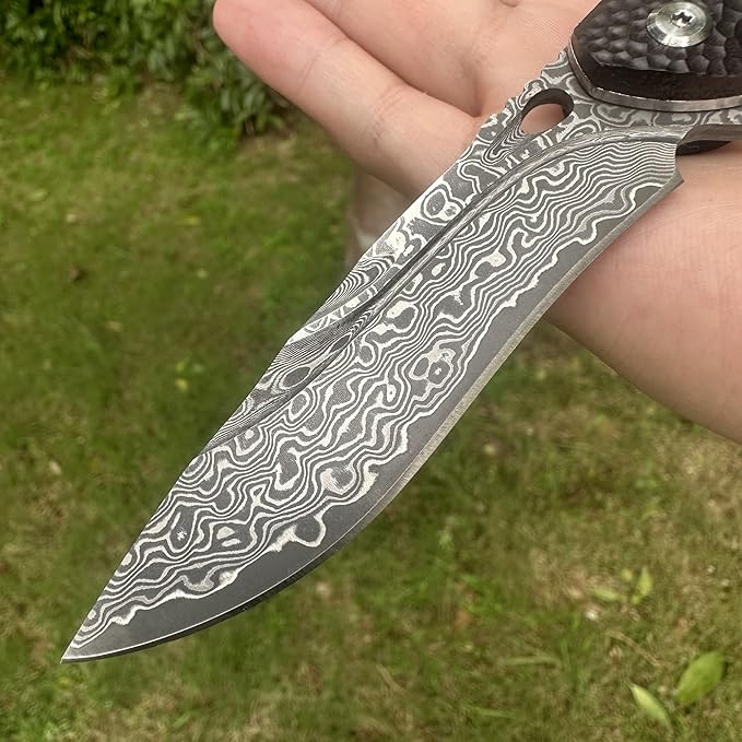 Damascus Steel Folding Pocket Knife 3.54 VG10 Blade for Men and Women Ebony Handle EDC Knife with Liner Lock for Outdoor Survival Camping Collection Hunting