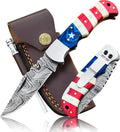 Damascus Steel Pocket Knife with Clip and Leather Sheath - EDC Knife for Outdoor and Camping Activities Handmade Folding Knife Free knife Sharpner (American Flag handle) (American Flag Handle)
