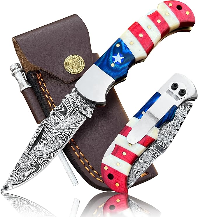 Damascus Steel Pocket Knife with Clip and Leather Sheath - EDC Knife for Outdoor and Camping Activities Handmade Folding Knife Free knife Sharpner (American Flag handle) (American Flag Handle)