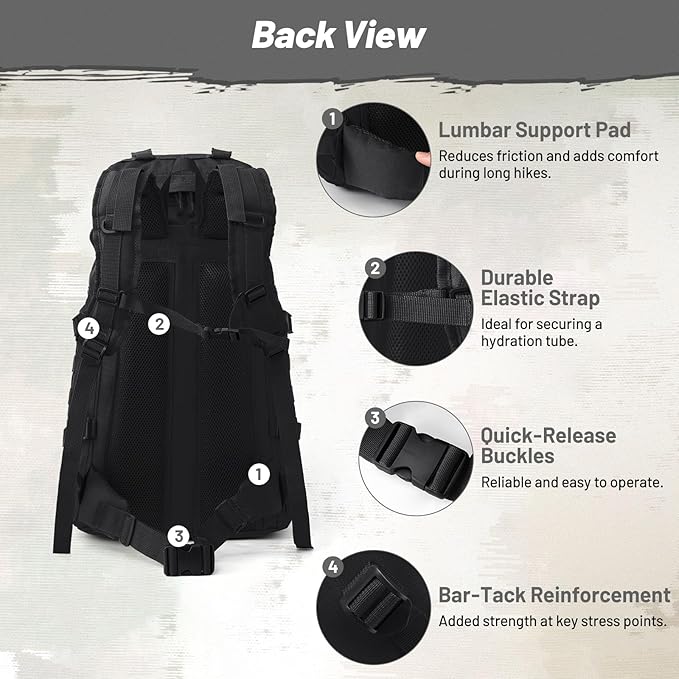 50L Tactical Backpack for Men and Women Water-Resistant Molle Rucksack Large Military Assault Pack for Hiking Hunting Camping Gym &amp Outdoor Survival Black