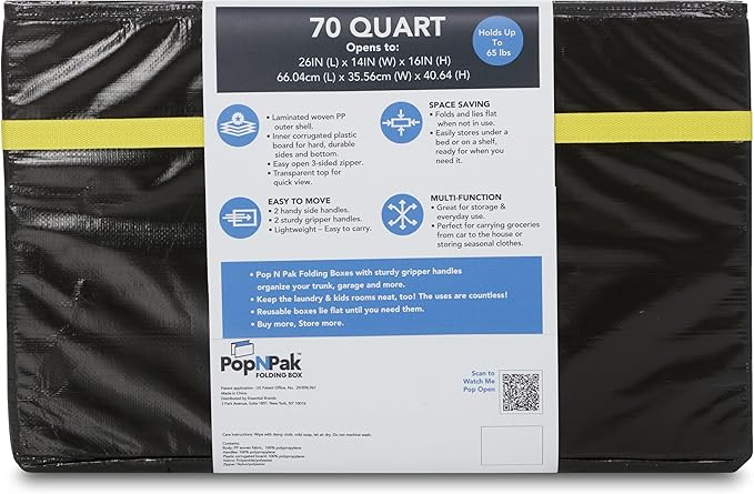 2- Pack Pop N Pak Collapsible Storage Box Black 70 Quart Capacity 26x14x16 Inches Folding Design