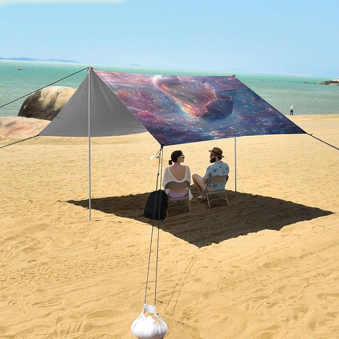 ALAZA Mermaid Beach Tent Sun Shelter UPF50+ Protection Beach Shade Canopy w/ 4 Sandbags for Outdoor Camping Fishing Backyard Fun Picnic 10x9 ft