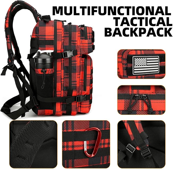 Lovelinks21 25L Tactical Backpack for Men and Women Military Backpack Small Assault Pack Molle Backpack Bug Out Bag Travel Rucksack Daypack (Red Plaid)