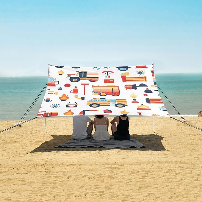 Fire Trucks Helmets Beach Tent UPF50 Lightweight Large Portable Sun Shelter with Sandbags and Shovel for Family Trips Picnics &amp Camping
