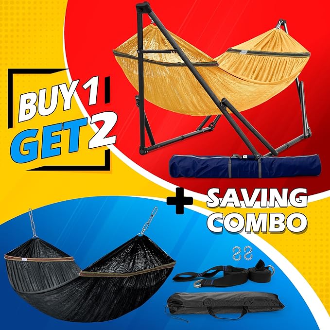 Tranquillo Combo x2 Hammocks with Stand for Outside &amp Tree Straps Heavy Duty Hammock with Stand 600lbs for Indoor Outdoor Patio Backyard x2 Hammocks for 2 Person (Combo - Yellow Medium)