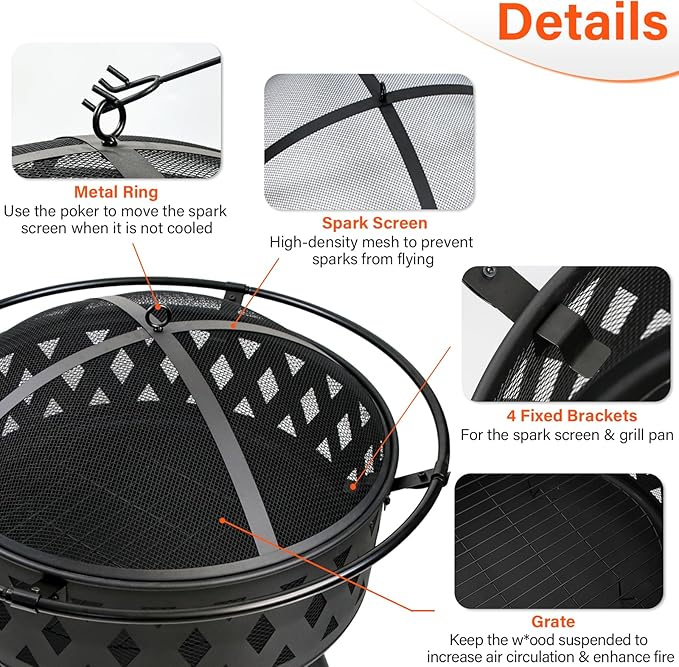 32 Inch Fire Pit Outdoor Burning Stove 2 in 1 Metal Round Fireplace for Outside Bonfire Party BBQ Camping Backyard Patio Garden w/Fire Poker Spark Screen Grate Cover (Rhombic)