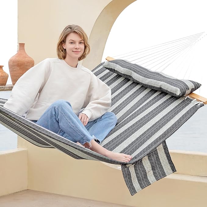 GAFETE Hammock 2 Person Quilted Fabric Hammocks for Outside Double 12ft Hammocks with Spreader Bar Large Removable Pillow Storage Bag Carabiners Max 475 lbs Capacity (Mountain Mist Gray)
