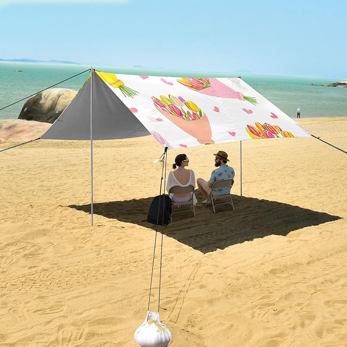 Beach Canopy with Windproof Ropes &amp Sandbags Beach Tent Sun Shade Sun Shelter for Camping Trips Fishing Backyard Fun or Picnics Bouquet