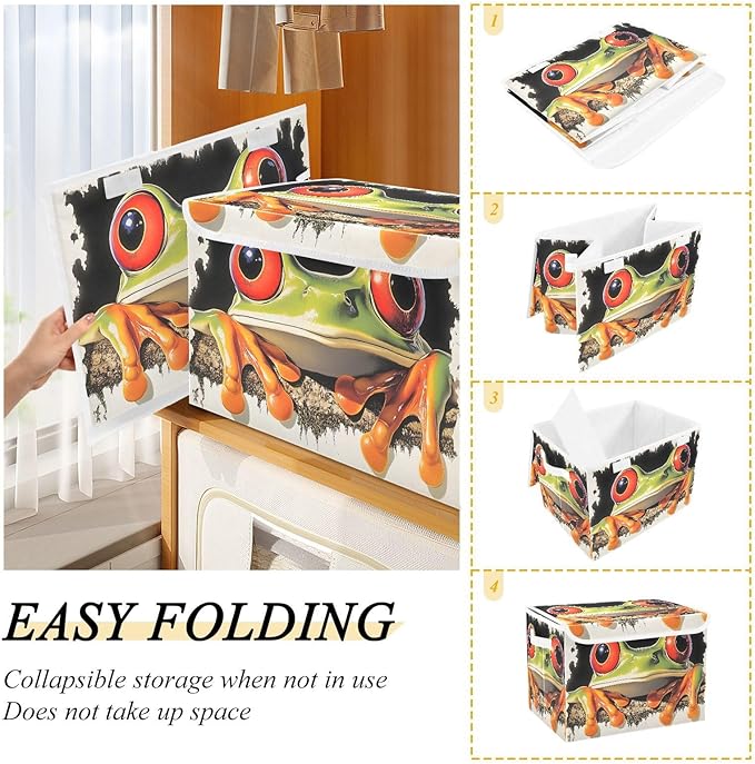 Storage Cube with Lid Curious Frog Print 16.5×12.6×11.8 IN 1 Pack Collapsible Large Capacity Foldable Storage Basket Bin Organizer