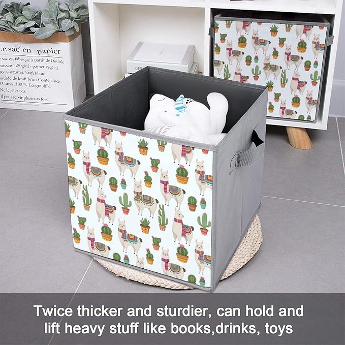 Space-Saving Fabric Storage Cubes Llama And Cactus Collapsible Baskets with Handles Stylish Storage Solution for Home