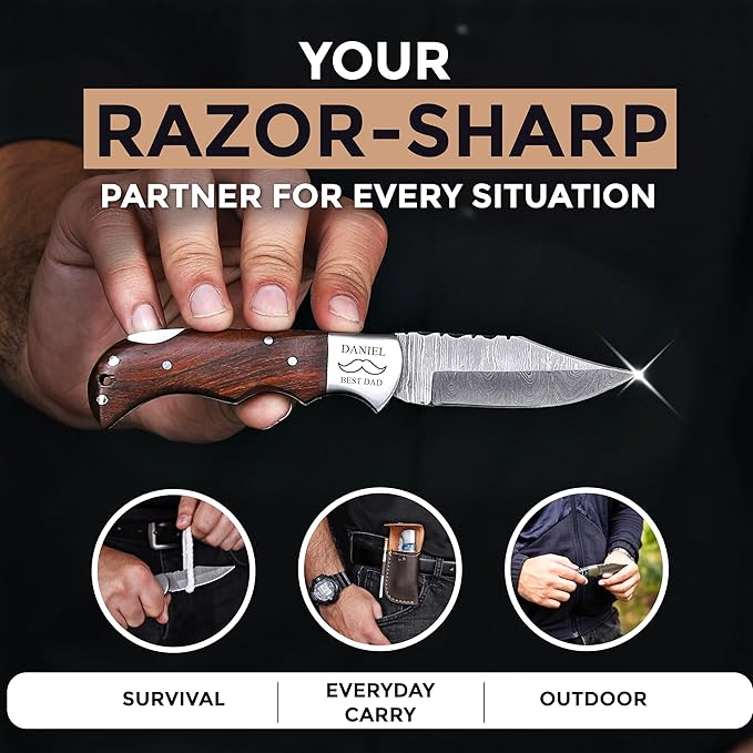 Custom Pocket Knife gifts for Men Personalized Damascus Folding Knife Engraved Gifts for Him Dad Boyfriend Husband Anniversary Groomsmen Gifts. Custom Knife for Camping Hunting Everyday Carry (