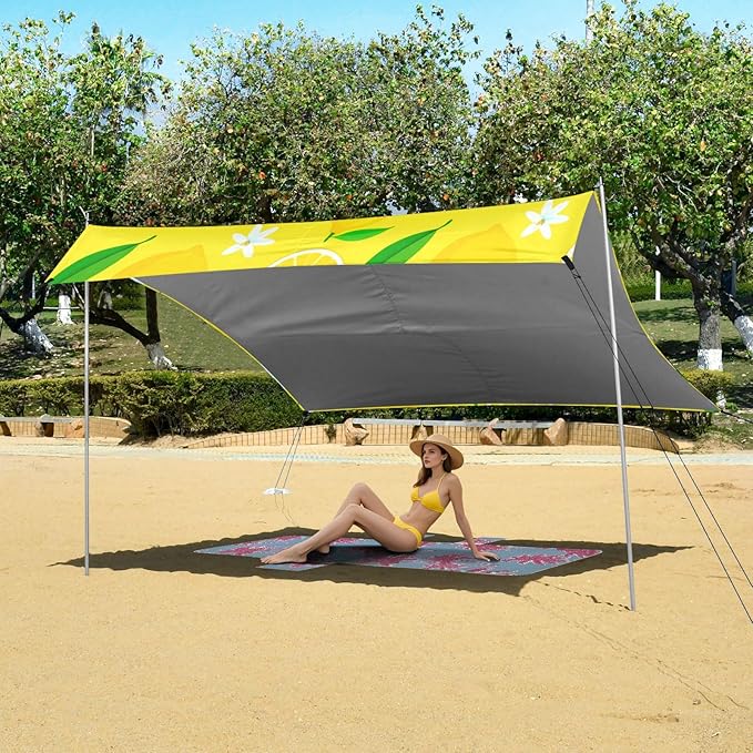 Beach Canopy with Windproof Ropes &amp Sandbags Beach Tent Sun Shade Sun Shelter for Camping Trips Fishing Backyard Fun or Picnics Lemons