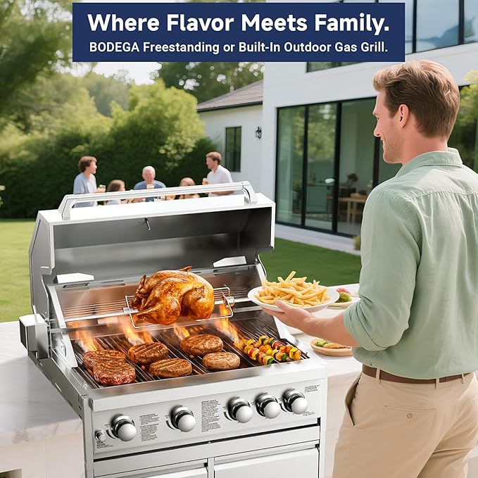 BODEGA 5 Burner Built In Gas Grill Island Head Stainless Steel 30 Inch Propane Grill with Rear Burner 58000 BTUs 988.5 SQ In Racks Dual Fuel Compatibility Gas Grill Outdoor Cooking BBQ Fork Kit.