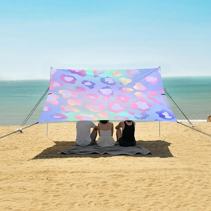 ALAZA Cheetah Print Leopard Rainbow Gradient Beach Tent Sun Shelter UPF50+ Protection Beach Shade Canopy w/ 4 Sandbags for Outdoor Camping Fishing Backyard Fun Picnic 10x9 ft