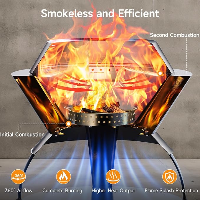 ONBRILL 26 Inch Smokeless Firepit Outdoor Fire Pit with Waterproof Lid Removable Ash Pan Handbag 2 in 1 Stainless Steel Potable Fire Pits for Outside Wood Burning Bonfire Camping Picnic Black