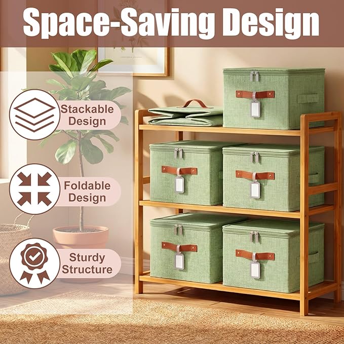 6 Pack Fabric Closet Storage Bins with Zipper Lids and Label 10×8×7In Large Size Foldable Cotton Linen Storage Cubes Boxes with PU Leather Handles Holders for Bedroom Shelf Nursery Green