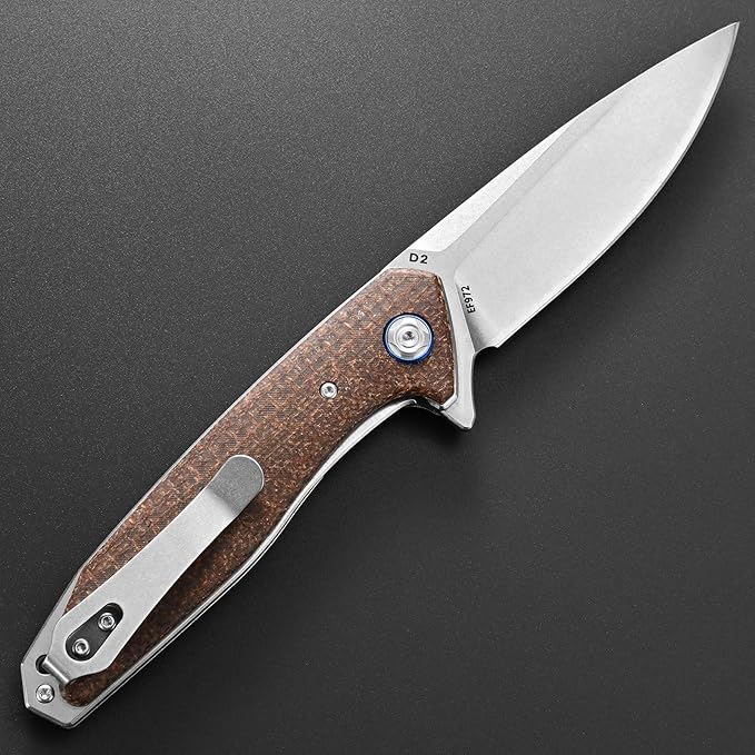 Eafengrow EF972 Folding Knife D2 Steel Blade Micarta Handle Pocket Knife Folder for Outdoor Camping Hiking Working EDC Tool Knife(Brown)