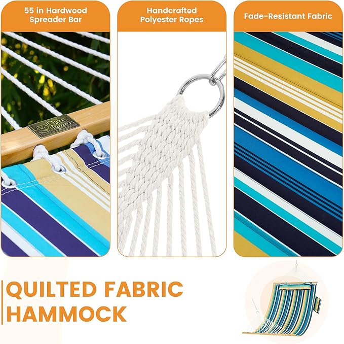 Lazy Daze Hammocks 2 Person Double Quilted Fabric Hammock with Spreader Bar Detachable Pillow Side Pocket Carabiners Chains Straps for Outdoor 450lbs Capacity Beach Stripes