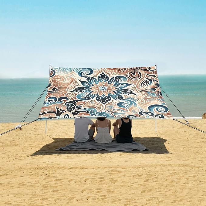 Bohemian Floral Retro Print Beach Tent Sun Shelter Set UPF50+ UV Protection 10.5 x 9.19 FT Camping Shade Canopy with Sandbags Sand Anchors Carrying Bag and Others