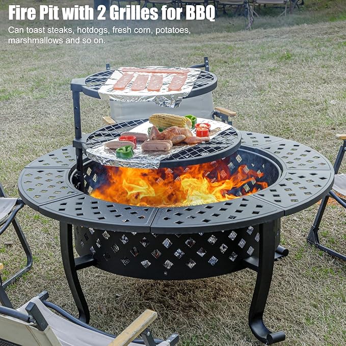 Panovue 42 Inch Fire Pit with 2 BBQ Grills Wood Burning Fire Pits for Outside with Lid &amp Fire Poker BBQ&amp Outdoor Firepit &amp Round Metal Table 3 in 1 for Patio Picnic Party