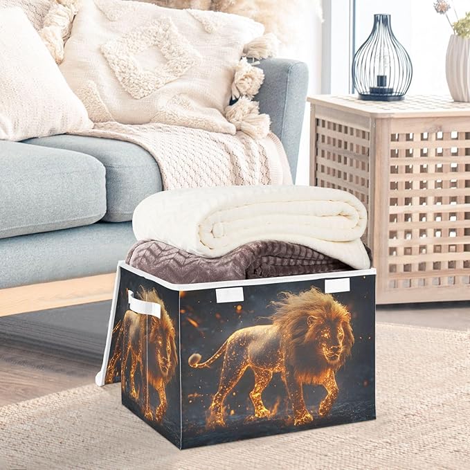 AIXIWAWA Lidded Storage Cube (Lion with Flame) Fabric Foldable Closet Bins with Flip Lid and Handles Organizer Basket Container 16.5 x 12.6 x 11.8 IN