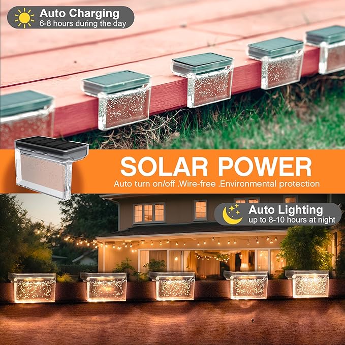 TIJNN Solar Deck Lights Outdoor Waterproof (6 Pack) – LED Solar Fence Lighting for Steps Stairs Railing Patio &amp Backyard – Wireless Auto Dusk to Dawn Warm White Decor