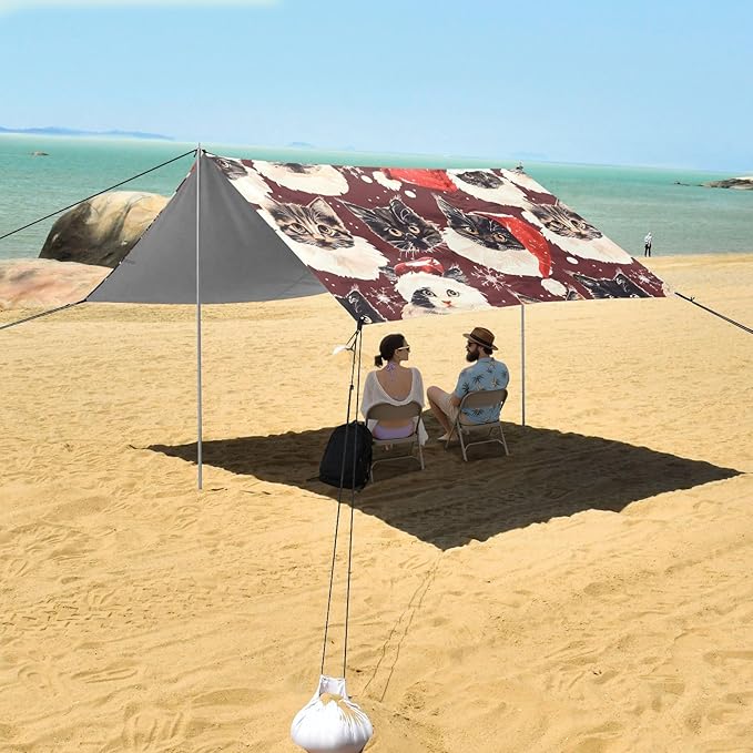 ALAZA Christmas Cat Kitten Beach Tent Sun Shelter UPF50+ Protection Beach Shade Canopy w/ 4 Sandbags for Outdoor Camping Fishing Backyard Fun Picnic 10x9 ft