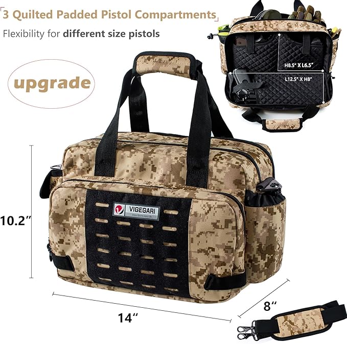 Tactical Pistol Range Bag for 3 Handguns Gun Range Bag with 6 Magazine Slots Lockable Zippers Ammo Storage MOLLE Handgun Case for Shooting Range Accessories