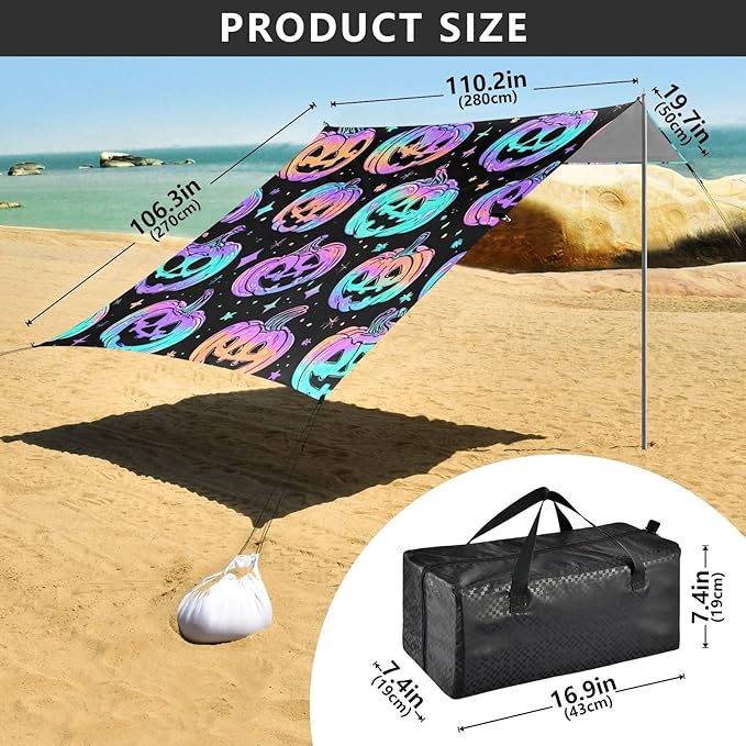 ALAZA Pumpkin Colorful Pattern Beach Tent Sun Shelter UPF50+ Protection Beach Shade Canopy w/ 4 Sandbags for Outdoor Camping Fishing Backyard Fun Picnic 10x9 ft