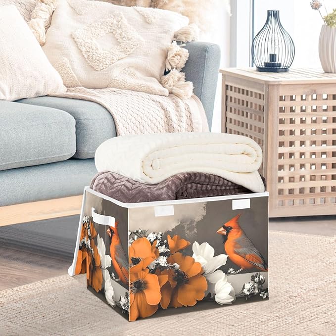AIXIWAWA Lidded Storage Cube (Bird Flowers) Fabric Foldable Closet Bins with Flip Lid and Handles Organizer Basket Container 16.5 x 12.6 x 11.8 IN