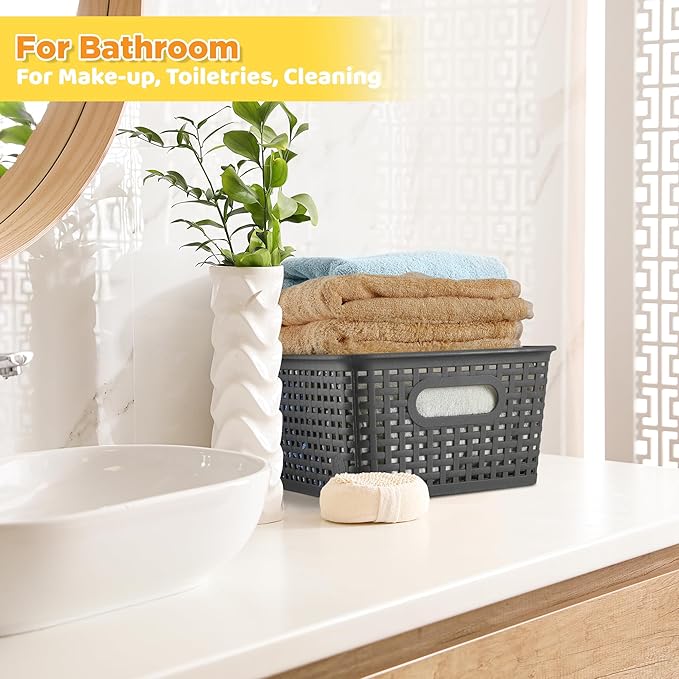 AREYZIN Plastic Storage Baskets Bins With Lid Organizing Container Lidded Knit Storage Organizer Bins for Shelves Drawers Desktop Closet Playroom Classroom Office 6 Pack