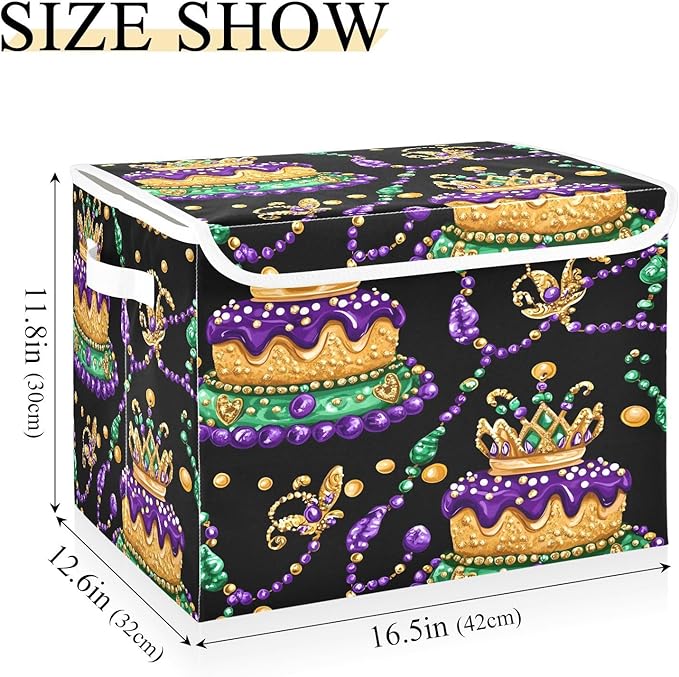 Christmas Storage Baskets with Lids Mardi Gras Carnival Cake Collapsible Bins Stackable Fabric Linen Baskets Closet Organizer Container 16.5x12.6x11.8