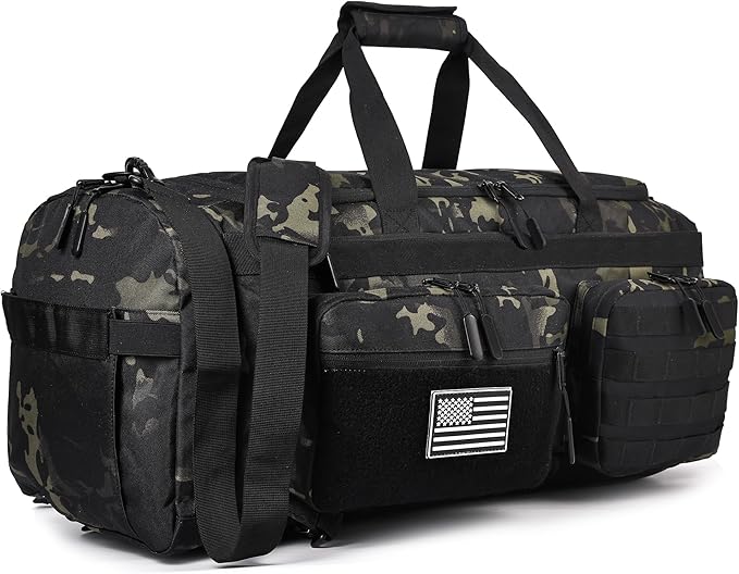 LHI 50L Tactical Duffle Bag for Men 3-in-1 Gym Duffle and Backpack Shoe Compartment Laptop Sleeve and MOLLE Carry-On Travel Weekender and Overnight Bag – Black CP Camo