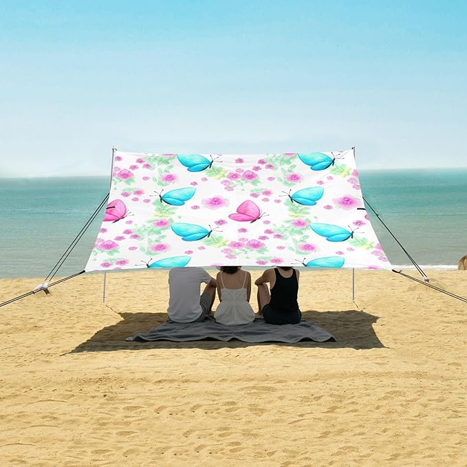 xigua Butterfly Beach Tent Sun Shelter with Carrying Bag - Silver Coated Oxford Fabric Beach Canopy for Beach Camping Fishing - Includes Windproof Ropes Sandbags &amp Stakes
