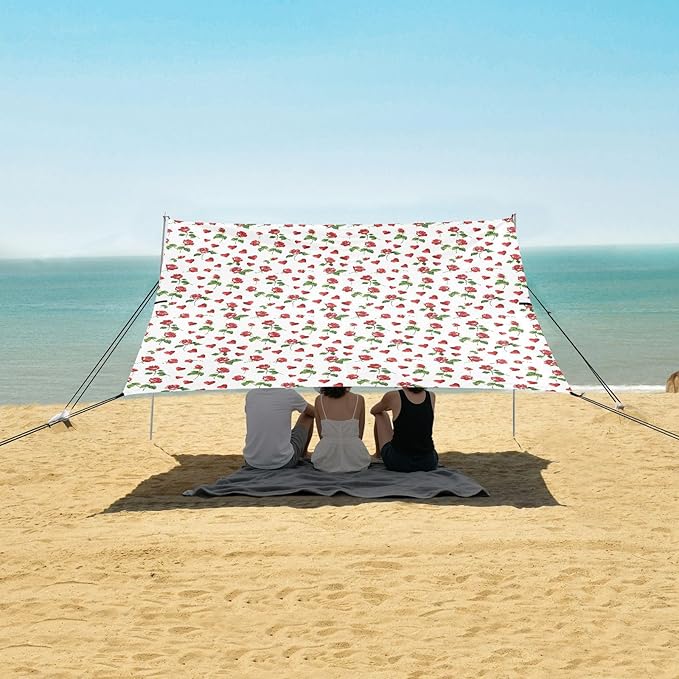 ALAZA Heart Red Rose Flower Floral Beach Tent Sun Shelter UPF50+ Protection Beach Shade Canopy w/ 4 Sandbags for Outdoor Camping Fishing Backyard Fun Picnic 10x9 ft