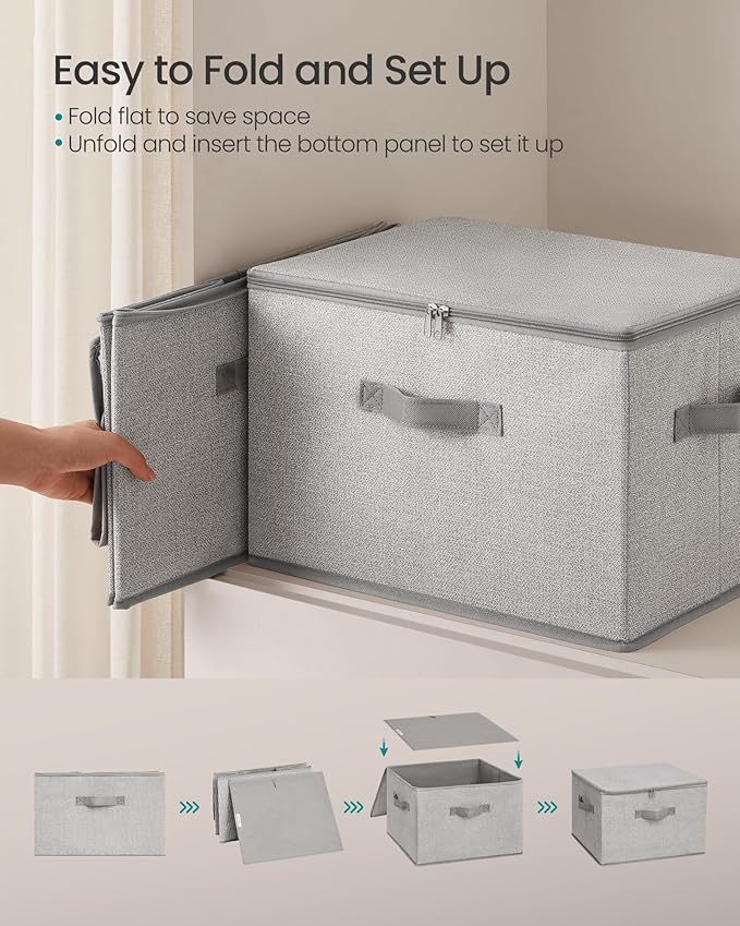 SONGMICS Foldable Storage Organizer Boxes Set of 3 Storage Basket Bins with Lids Handles Clothes Organizer 15.7 x 11.8 x 9.8 Inches Non-Woven Fabric Dove Gray URZB003W01