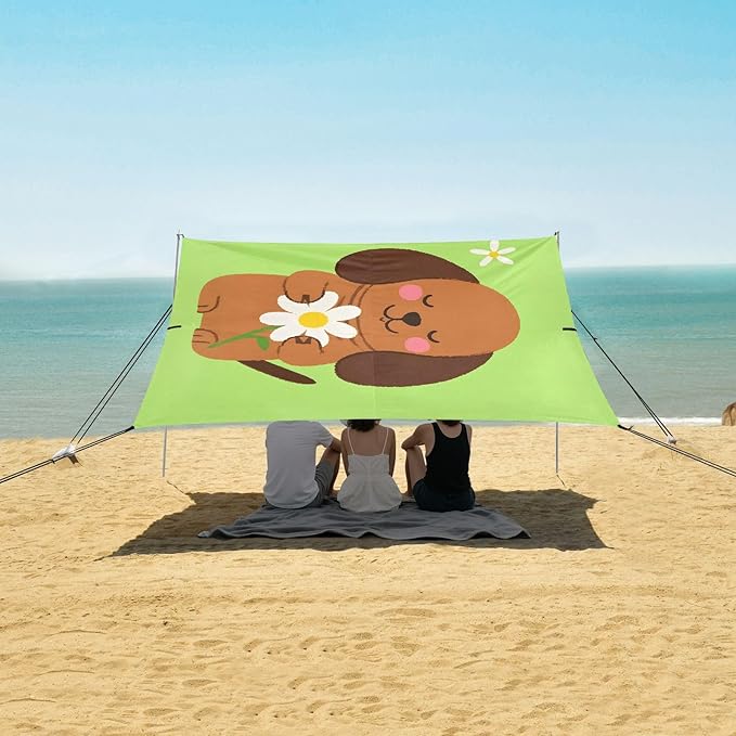 ALAZA Brown Dog with Daisy Beach Tent Sun Shelter UPF50+ Protection Beach Shade Canopy w/ 4 Sandbags for Outdoor Camping Fishing Backyard Fun Picnic 10x9 ft