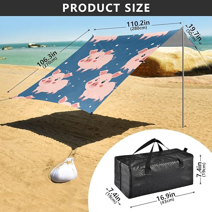 ALAZA Blue Background with Cute Pigs Seamless Beach Tent Sun Shelter Portable Canopy Sunshade for Outdoor Camping Picnics Backyard Fun 10x9 ft