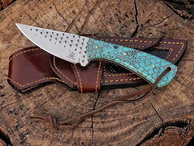 Break Edge Handcrafted Cowboy Hunting Knife with Leather Sheath Premium Handle Best Gift for Boy Friend and Father Day. (Silver &amp Torquise)